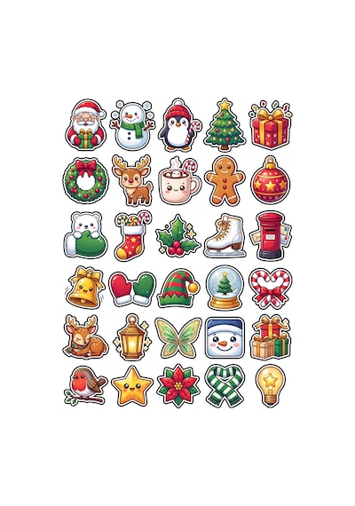 30 Adet Sevimli Yılbaşı Sticker Seti - Laptop Defter Telefon Planner İçin Çok Renkli