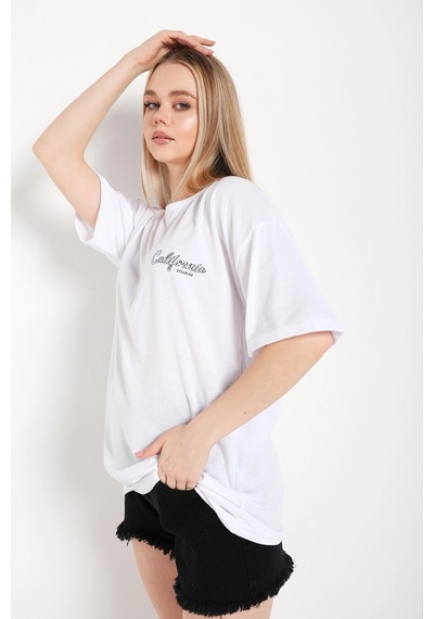 Startmore Kadın Beyaz Oversize California Baskılı T-shirt Beyaz