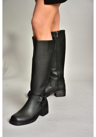 Fox Shoes T404550009 Siyah Alçak Topuklu Kadın Çizme Siyah-Suni Deri