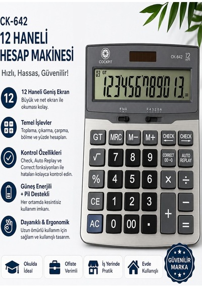 Hesap Makinesi Gri 15x20 Cm 1 Adet Cockpıt Ck-642 12 Haneli Büyük Boy Hafızalı Büro Masaüstü Hesap Makinası Gr