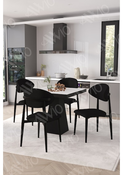 Avvio Elite Siyah Polo Metal Sandalye 90x90 Kare Yemek Masası Mutfak Masası Masa Sandalye Takımı Beyaz