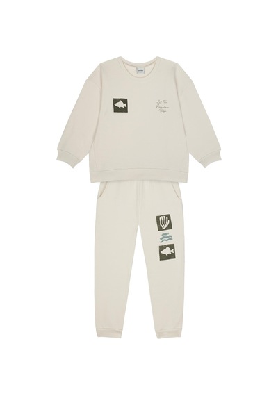 Antebies Pamuk, Sustainable, Krem Doodle Baskılı Erkek Çocuk Sweatshirt Eşofman Takımı Yeşil