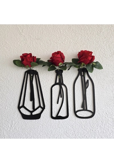 Kırmızı Gül Çiçekli Dekoratif Tablo 3 Lü Set - Siyah