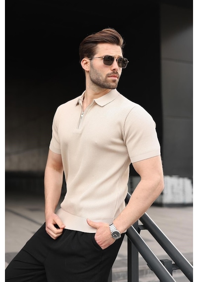 Madmext Taş Rengi Yarım Fermuar Detaylı Polo Yaka Triko Erkek Tişört E7492