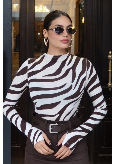 Kechi Woman Zebra Desenli Transparan Uzun Kollu Bluz Kahverengi