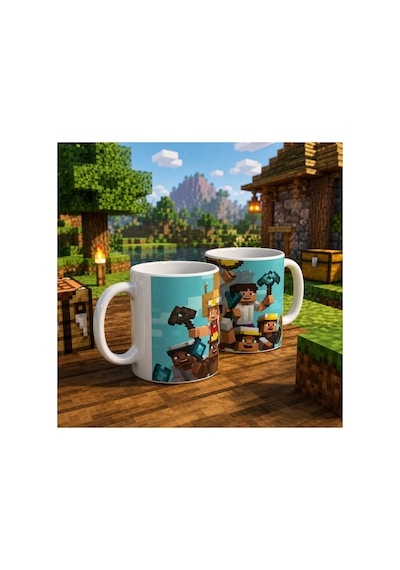 Minecraft Temalı Baskılı Beyaz Seramik Kupa - Oyuncu Hediyesi - Özel Tasarım Kupa Beyaz