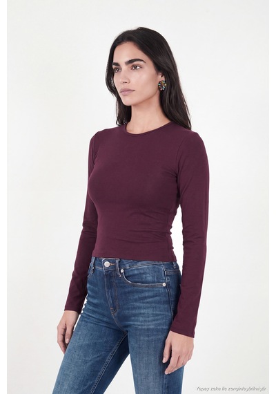 Lela Pamuklu Bisiklet Yaka Crop Bluz Kadın Bluz 5867060 Mürdüm