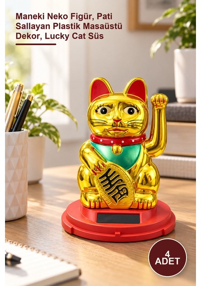 4 Adet Pati Salayan Şans Kedisi Maneki Neko Figür, Pati Sallayan Plastik Masaüstü Dekor, Lucky Cat Süs