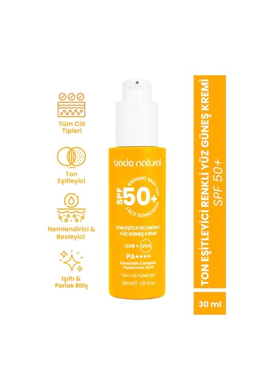 Bade Natural Ton Eşitleyici Renkli Yüz Güneş Kremi SPF50+ 30 ML