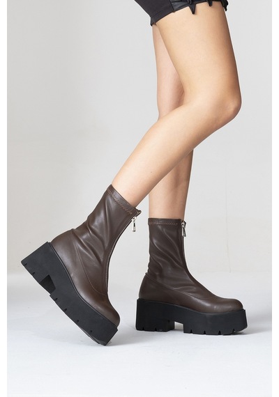 Luvishoes Luvi Shoes Ovil Kahve Cilt Kalın Taban Fermuarlı Kadın Bot Kahverengi Deri