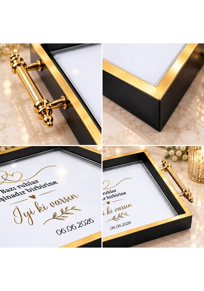 Bk Gift Kişiye Özel Siyah&gold Söz Nişan Tepsisi-6 - 39x23 Cm Çok Renkli