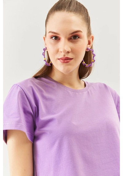 Kadın Rahat %100 Pamuklu Penye Bisiklet Yaka Kısa Kol Basic Crop T-shirt Lila