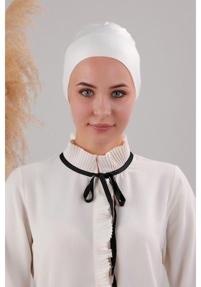 Melodi Scarf Tesettür Geçmeli Bağcıklı Viskon Likralı Bone Ekru Ekru