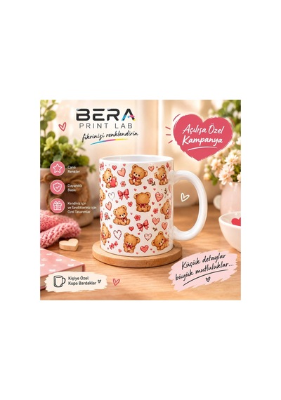 Bera Print Lab Ayıcıklı Ve Kalp Desenli Seramik Kupa Bardak Sevimli Tasarım Beyaz - 936120962 Beyaz