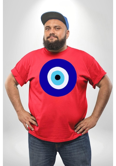 Angemiel Nazar Boncuğu Kırmızı Büyük Beden Erkek Kadın Unisex Basic Ön Baskılı Tişört Kırmızı