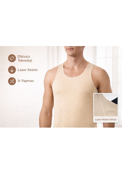Qulat Berrak Erkek Lazer Kesim Görünmez Dikişsiz Atlet %85 Pamuk %15 Elastan Slim Fit İz Yapmaz/ 2 Adet Bej