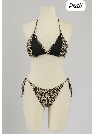 Fantezia Night Kadın Siyah Ve Leopar Detaylı Yandan Bağlamalı Bikini Takımı