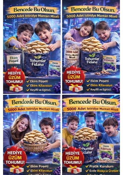 5000 Adet İstiridye Mantarı Miseli + Ekim Poşeti + Kılavuz - Hediye Üzüm Tohumu