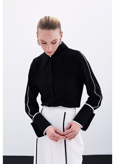 Sateen Klasik Manşetli Kontrast Gömlek - Siyah-135921 Siyah