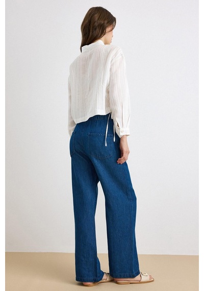 Olcay Beli Lastikli Rahat Kesim Soft Denim Pantolon Koyu Mavi 7587