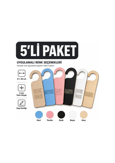 Arliadesign 5 Li Kişiye Özel Ahşap Kapı İsimliği 8x20 Cm Renk Seçenekli Kapı Askısı