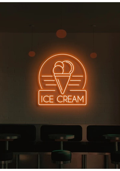 Ice Cream Yazılı Ve Şekilli Neon Tabela Turuncu