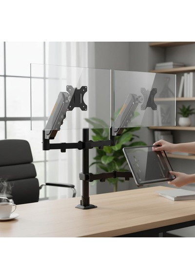 17 32 İnç Amortisörlü Çiftli Pivot Monitör Kolu Ve Tablet Kollu, Gazlı Yaylı, 2 9 Kg, Çift Montaj Seçeneği Sıkıştırma Ve Vidalama, 360 Döner, Vesa Uyumlu Stant, M03, Siyah