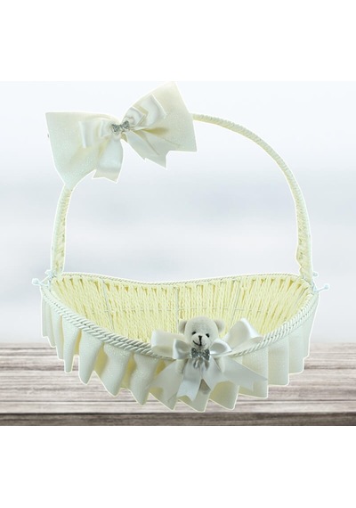 Saplı Oval Kumaş Süslü Sepet 36 Cm Orta Boy Krem
