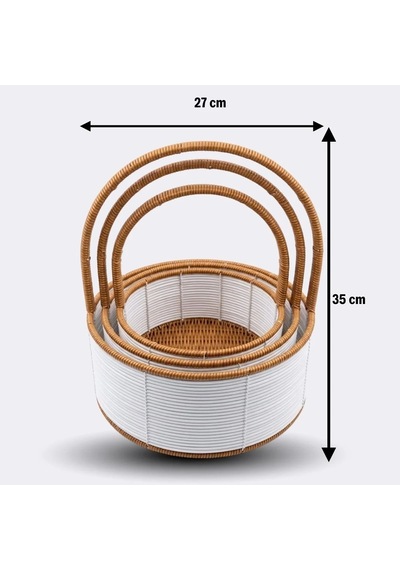 3 Boy İç İçe Geçebilen Plastik Rattan Sepetler Beyaz Renkli,kahverengi Saplı, Çok Amaçlı Düzenleyici Çok Renkli