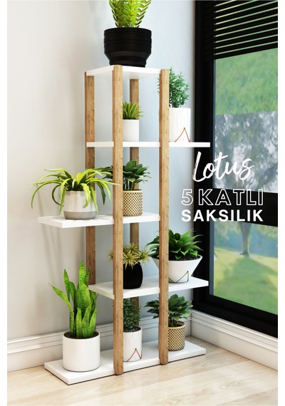 Lotus Beyaz Ahşap 5 Katlı Çiçeklik, Saksılık, Çiçek Standı, Dekoratif Raf / Çok Amaçlı Kullanım Beyaz - 626625396 Beyaz