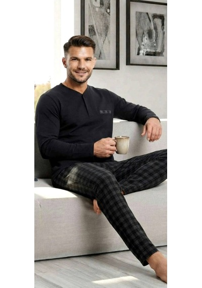 Erse Uzun Kol Pamuklu İnterlok Erkek Pijama Takımı Siyah - 9091554973088