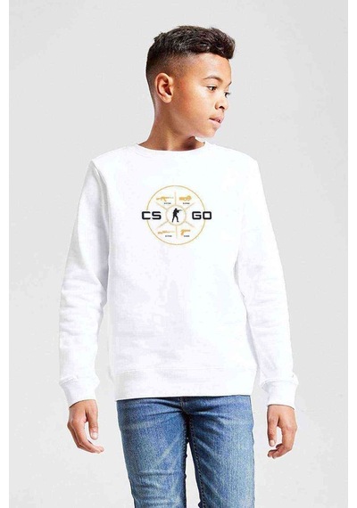 Tshirthane Cs Go Menu Baskılı Unisex Çocuk Beyaz Sweatshirt Beyaz