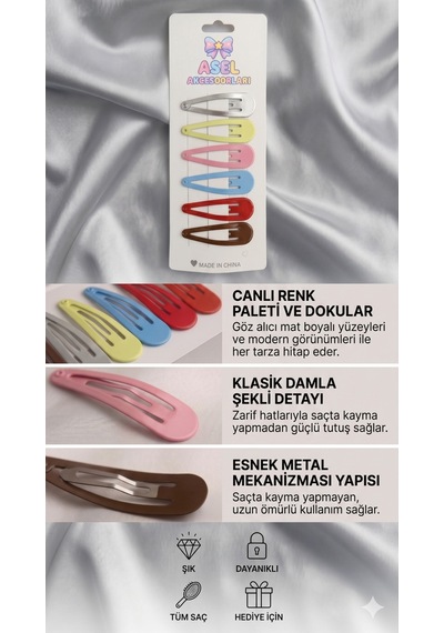 6'lı Set Mat Renkli Damla Çıtçıt Klipsli Kadın & Kız Çocuk Toka E