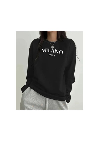 Herkesemoda Milano Baskı Detaylı Bisiklet Yaka İçi Polarlı Sweatshirt Siyah