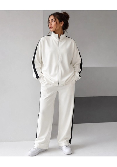 Moda Kadın Scuba Kumaş Oversize Şerit Detaylı Fermuarlı Alt Üst Eşofman Takımı - Beyaz Çok Renkli