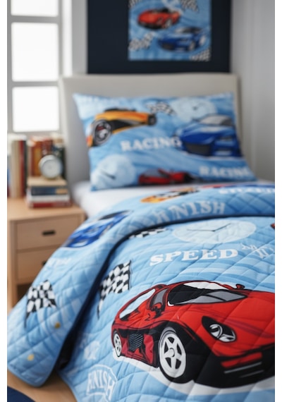 Erkek Çocuk Genç Pike Yatak Örtüsü Takımı Araba Desen Kapitone Pamuklu 4 Mevsim Çarşafsız 160x230 Mavi