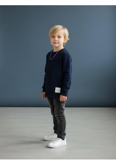 Zekids Erkek Çocuk Pamuklu Dokulu Kumaş İnce Uzun Kollu Sweatshirt-16630 Lacivert