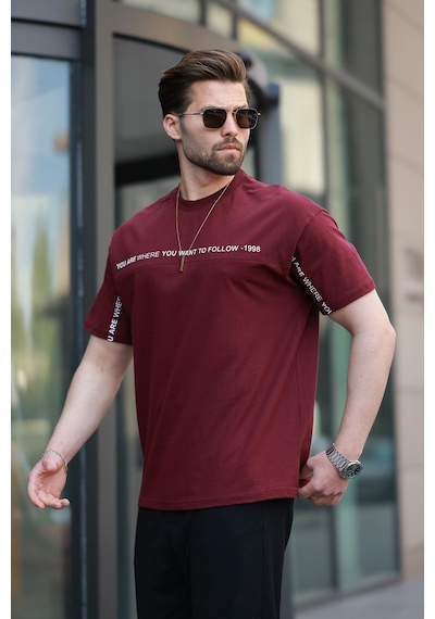 Madmext Bordo Bisiklet Yaka Baskılı Basic Tişört E7156 Bordo