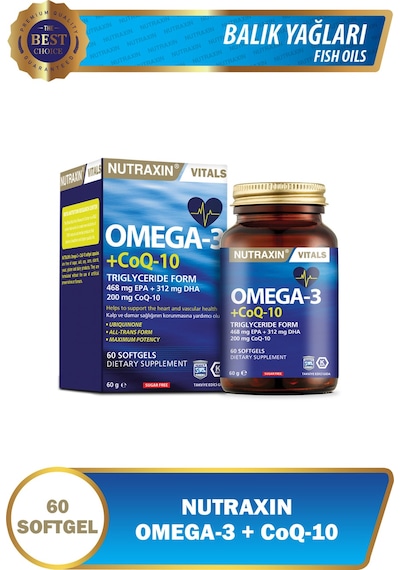 Nutraxin Omega 3  Co Q10 60 Softjel - Balık Yağı EPA 468, DHA 312,  Q10 200 Mg