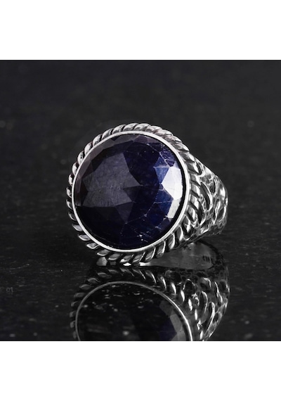 Gerçek Doğal Taş Yüzük - 925k Katı Gümüş Erkek Yüzüğü Mavi Safir İle Gümüş