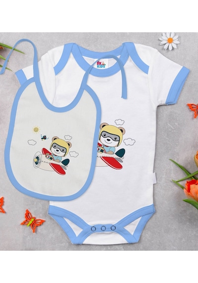 Bk Kids Sevimli Pilot Tasarımlı Mavi Bebek Body Zıbın Ve Mama Önl Çok Renkli