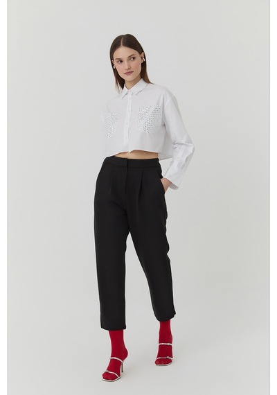 Quzu Beli Lastikli Kumaş Pantolon Siyah