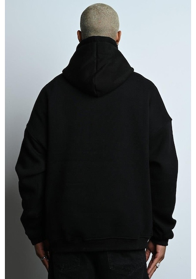 Oversize Kapşonlu Kanguru Cepli İçi Polarlı 3 İplik Erkek Sweatshirt Siyah