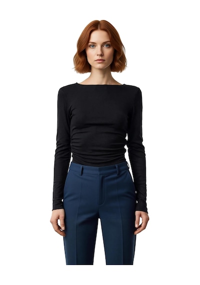 Ersefa Stil Kadın Fitted Vücuda Oturan Büzgü Drape Detaylı Esnek Bluz Cr siyah