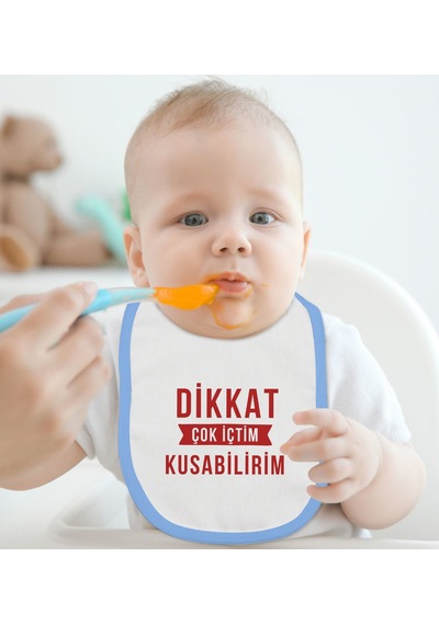 BK Kids Dikkat Çok İçtim Tasarımlı Mavi Bebek Mama Önlüğü-1