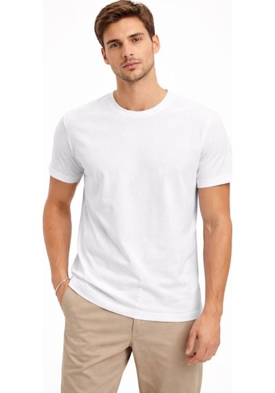 Erkek Bisiklet Yaka Yazlık Kısa Kol Düz Tişört Regular Kalıp T-shirt - Beyaz