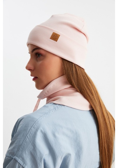 Butikgiz Kadın Balıkçı Style Pamuklu Kaşkorse Terletmez Ultra Hafif Yumuşak Bere Boyunluk Takım Pudra