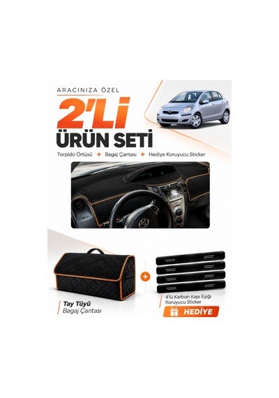 Toyota Yaris 2005-2013 Uyumlu Torpido Örtüsü + Tay Tüyü Bagaj Çantası + Sticker - Siyah Kahverengi
