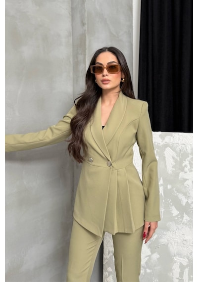 Msm Fashion Kadın İkili Blazer Ceket Pantolon Takım Pile Ve Düğme Detaylı Boru Paça Açık Haki