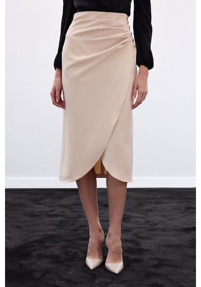 Sateen Düğme Detaylı Kalem Etek - Bej-136777 Bej